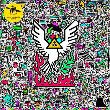 Portada del álbum Hecho en tiempos de paz de Viva Suecia: ilustración colorida de un ave fénix blanca con triángulo ocular amarillo emergiendo de llamas rojas, rodeada de doodles simbólicos y frases emotivas en estilo graffiti indie rock